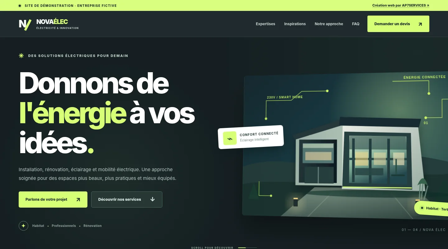 Aperçu du site vitrine fictif NOVA ÉLEC, fond sombre, accents vert citron et illustration d'une maison contemporaine
